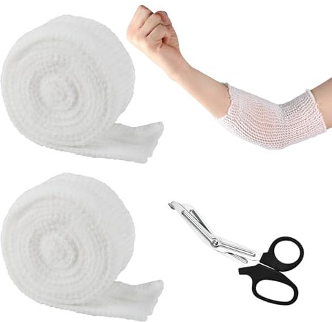 SPOKKI Garze Sterili Per Medicazione 2 Pezzi,Benda Elastica Per Fasciatura,Rete Tubolare Elastica Porta Un Paio Di Forbici Mediche, Rete Elastica Fasciatura Molto Confortevole E Traspirante