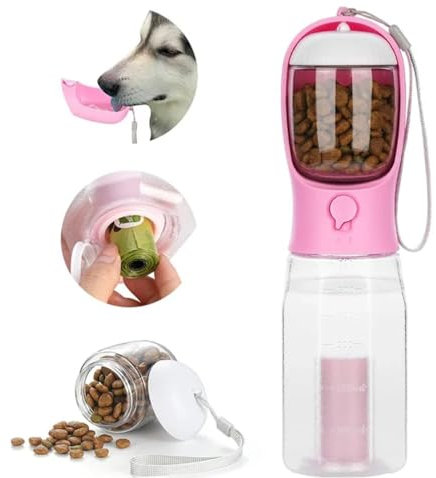 TidyWalk, 3 in 1 leak proof water bottle 600ml with cup for food and drink for dogs and cats, segmented storage, food container 100g and built in poop bag dispenser (pink, 600 ml)