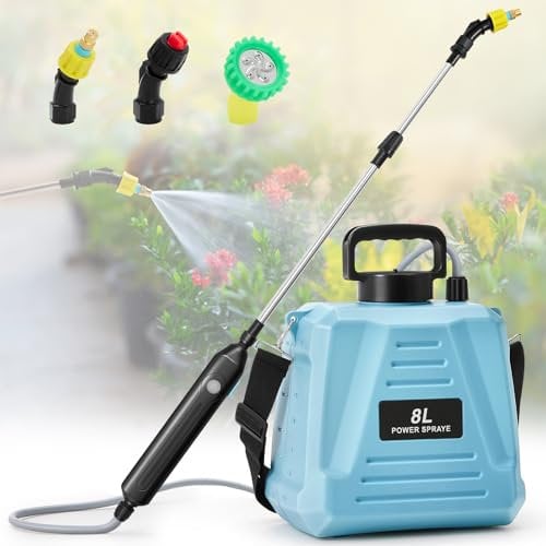 DKIEI 8L Electric Garden Sprayer For Indoor/Outdoor Plant, Rechargeable Battery Powered Water Sprayer With 3 Mist Nozzles/Telescopic Wand/Adjustable Shoulder Strap, Weed Killer Sprayer For Lawn, Blue