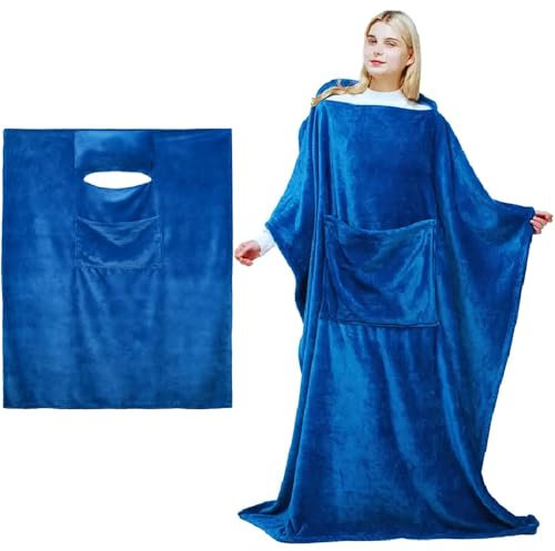 Mavdecll Wearable Blanket with Pillow, 70x50inch/1200g, Winter Car Air Conditioner Quilt, Snuggle Pullover with Large Pocket, Travel Thermal Sleeping Blanket, Keep Warm All Over