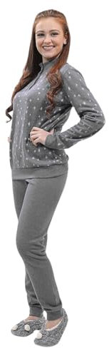 Leo Corsetteria Pigiama per Donna Pile Calda Giovane Invernale Collo Alto Bottoni con Polsini Fantasia Stelline e scintille Grigio Misura M