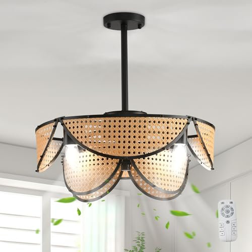 Ganeed Boho Caged Ceiling Fan with Light and Remote Layered Rattan Flush Mount Ceiling Fans Lights Pendant Reversible Fandelier for Bedroom Kitchen Living Room Nursery 4 Lights