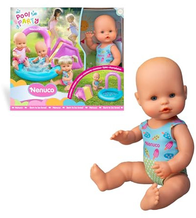 NENUCO Fiesta en la Piscina, Muñecos Bebé de 35 cm con su Propia Piscina Hinchable con Tobogán, Cuerpo Duro con Traje de Baño Estampado, Llena la Piscina de Agua y Desliza al Muñeco, Famosa (NFNB5000)