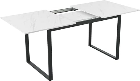 DRIXNO Esstisch Teleskoptisch, 140/180x80cm, Beine aus Eisen aus Metall & Vierkantrohrbeine (Weiße MDF Tischplatte Mit Marmormustern),Doppelnutzung für Heim & Büro