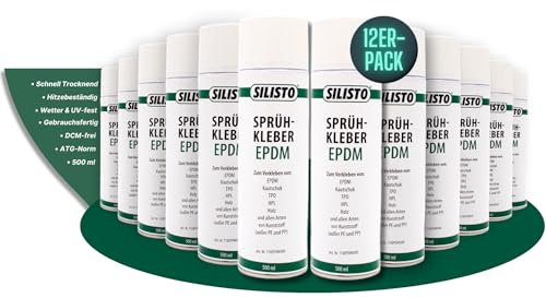 SILISTO Sprühkleber EPDM 500ml, 12er Pack - Textilkleber, Bastelkleber, Schuhkleber, Stoffkleber, Lederkleber, Hitzebeständiger Kleber, Folienkleber auf Holz, Beton, Metall und andere Stoffe geeignet