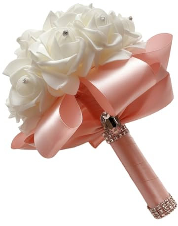 GreatRise Brautstrauß Gefälschte Weiß Rose Bouquet Künstliche Blumenstrauß Handstrauß mit Strass Brautjungfern Blumensträusse Romantische Blumen Strauß für Hochzeit Braut Geständnis Milchweiß