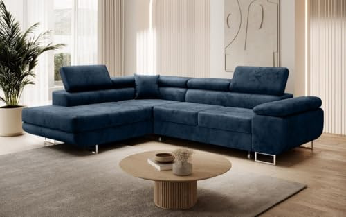 Luxusbetten24 Designer Sofa Aston mit Stauraum und Schlaffunktion | Bezug: Samt | Farbe: Blau | Stellvariante: Links