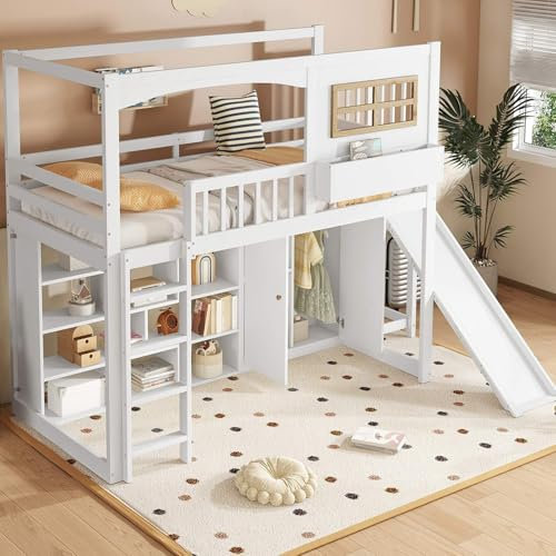 Sweiko Lit Superposé Blanc 90X200cm avec Filet de Chute, Lit de Rangement pour Enfants avec Toboggan et Armoire avec Échelle À Quatre Marches, Pin, MDF, Panneau de Particules
