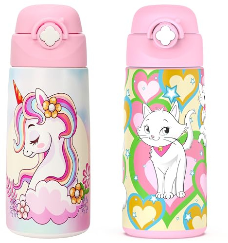 Ntswasd Girls Insulated Water Bottle with Covered Pop-Up Straw,500 ML Kids Cups with Stainless Steel Leak Proof for School(2PCS,Unicorn+Cat)