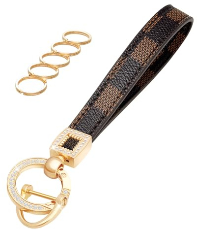 OHKYOOT Leather Wristlet Keychain,Wrist Keychain Car Key Chain with 5 Key Ring and Anti-Lost D Ring (Brown Grid)