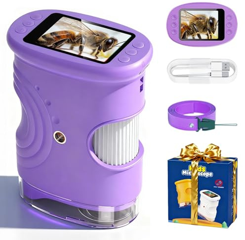 Mikroskop für Kinder, 1000x Digital Mikroskop, Taschenmikroskop Experimente für Kinder ab 6, Kindermikroskop mit 8 LED-Beleuchtung,2,0 IPS-Bildschirm, USB-Ladefunktion inkl Fotofunktion, Lila