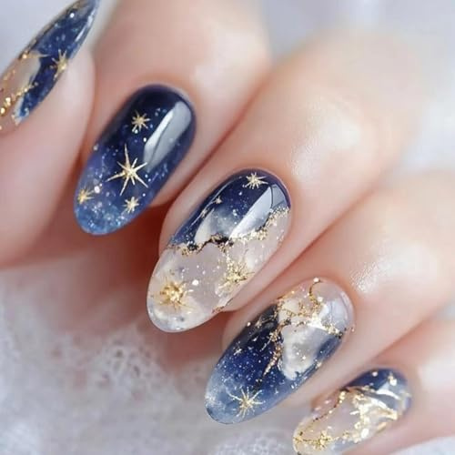 24PCS Star Sky False Nails, Short Square Dark Blue Glitter Press on Nails, Blue Color Glossy Full Stick On Cover Acrylic Nail, Removable Glue On Fake-Nail for Women (Nail Art Accessories)