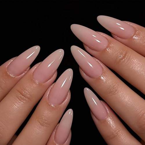 Dusty Pink Press on Nails, 24 Pcs Almond Medium Fake Nails Set, Full Cover Acrylic Gel False Nails for Women DIY Nail Art, Solid Color Stick on Nails