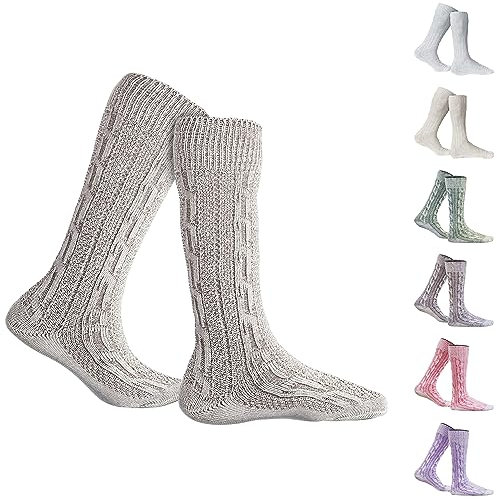 Trachtensocken klassisch 40cm Lang - Trachten Strümpfe Passend zu kurze Trachtenhosen & Kniebundhosen - Edel gestrickte Socken mit Zopfmuster - aus Baumwolle für Damen & Herren Natur/Meliert - 44-46
