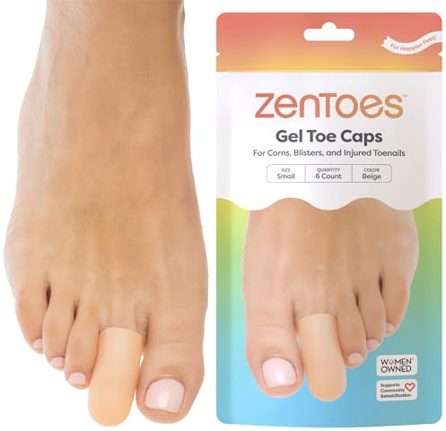 ZenToes Gel Toe Caps – Silicone Toe Protectors for Cushioning & Nail Coverage – Relief from Missing or Ingrown Toenails, Corns, Blisters or Hammer Toes, Reusable Daily Wear, 6 Pack (Small, Beige)