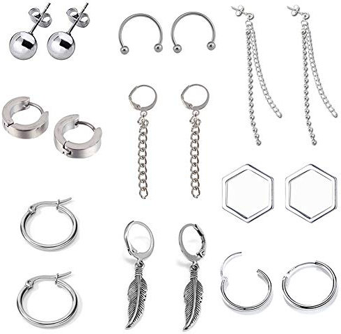 EVBEA 9 Paare Ohrringe für Damen Herren Teenager Kpop Tropfen Baumelnde Kreolen Lange Kette Kreuz Feder Ohrstecker Modisch Neuheit Weihnachten Geschenk Modeschmuck