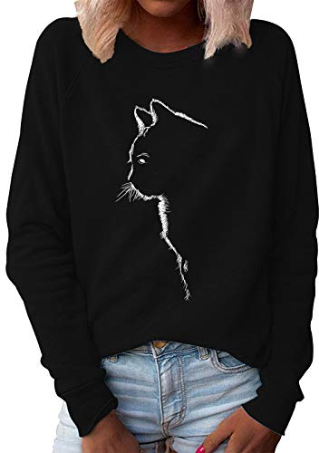 Xmiral Sweatshirt Damen Katze Gedruckt Einfarbig Pullover Slim Fit Langarm O-Ausschnitt T-Shirt Bluse(Schwarz,L)