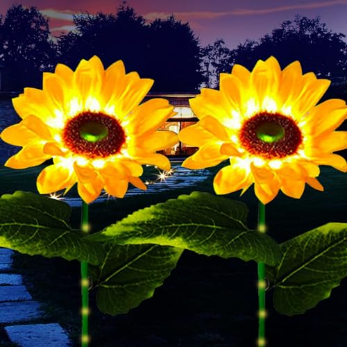 XVZ Solarlampen für Außen Garten, 2 Stück Sonnenblume Solarleuchten, IP65 Wasserdicht Solar Garten Deko Lichter für Patio Rasen Terrassen Balkon Deko - Warmes Licht