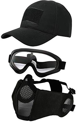 Hodeacc 3-teiliges taktisches Halbgesichtsmasken-Set mit Ohrenschutz, Verstellbarer Augenschutz, Outdoor-Hut für BB/CS-Spiel im Freien