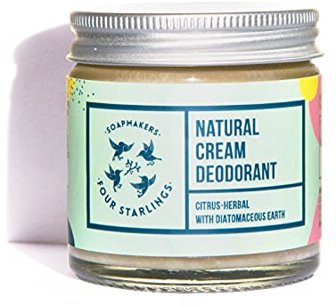 Four Starlings Soapmakers Natural Cream Deodorant Zitrus- und Kräuterduft mit Diatomeenerde Pfeilwurzpulver Absorbiert Schweiß Beruhigend Effizient 1 Tiegel x 60 ml
