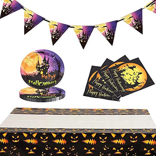 Yi'antai Vaisselle d’Halloween Set, Vaisselle Jetable en Papier pour Halloween, 1 Bannière, 1 Nappe, 10 Assiette, 20 Serviette, kit Halloween Party Décoration Vaisselle Table