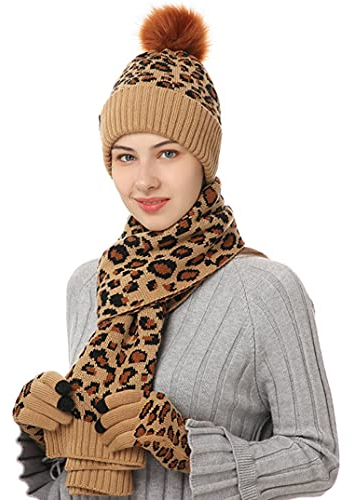 KRIPINC Mütze, Schal & Handschuh-Sets für Herren Damen Junge Mädchen, Warm Winter Drei in Einem Leopard Mütze Schal Handschuhe Set, Weihnachtsgeschenke für Familie Freunde (Stil-B, Khaki)