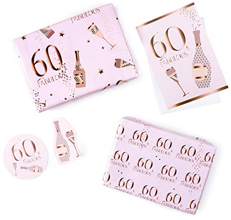 RUSPEPA Geschenkpapier Zum 60. Geburtstag, Rosa Design, Inklusive Grußkarte Und Geschenkanhänger Für Geburtstagswünsche – 2 Gefaltete Flache Bögen