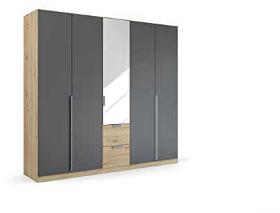 Rauch Möbel Dark & Wood by Quadra Spin Schrank Drehtürenschrank, Grau metallic/Eiche Artisan, Schwarz, Holz, 5-trg. Spiegel, inkl. 3 Kleiderstangen, 3 Einlegeböden, 2 Schubladen, BxHxT 226x210x54 cm