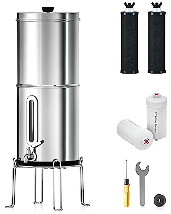 Purewell - Système d'ultrafiltration par Gravité à 8 étapes, Certifié EU 98/37/EC, Système de Comptoir en acier Inoxydable 304 avec 4 Filtres et Supports, Réduit les TDS et le Chlore 5,7 Litres