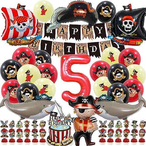 SWOKKTS Piraten Geburtstagsdeko 5 Jahre, Piraten Deko Kindergeburtstag Luftballon Set, Piraten Deko Mädchen Junge 5 Geburtstag, Happy Birthday Banner mit Tortendeko Geburtstag (Piraten 5)