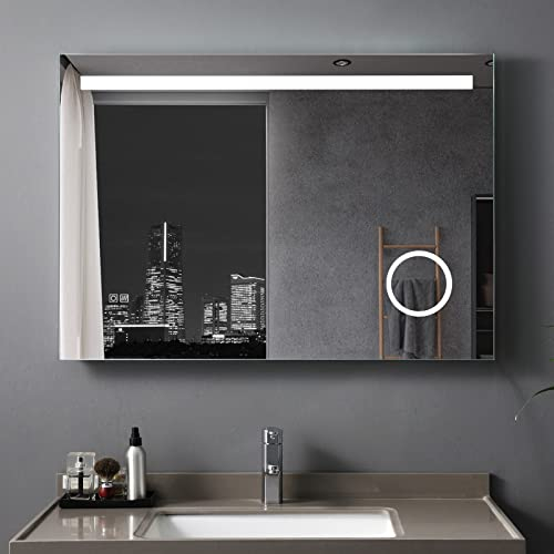MIQU Badezimmerspiegel mit Beleuchtung 100x70cm Badspiegel Warmweiß/Kaltweiß LED Licht Wandspiegel mit Steckdose 3-Fach Vergrößerung Touch Beschlagfrei ohne Uhr