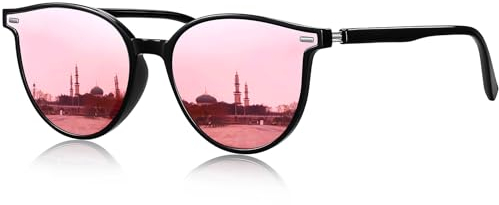 KANASTAL Occhiali da Sole Rosa Specchio Rotondi Donna Polarizzati Tondi Specchiati Cerchio Alla Moda Vintage Classici Retrò UV400 Pink Sunglasses Women per Estate Spiaggia Viaggio -Rosa Neri