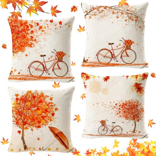 4 Stück Deko Kissenbezug, Herbstdeko 45x45 cm, Dekorative Erntedankfest, Ahornblatt Aus Leinen, Sofakissen Herbst Deko Für Büro Schlafzimmer