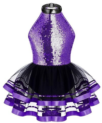 Alvivi Vestito da Danza Classica Bambina Paillettes Tutu Body da Balletto Abito da Ballo Senza Manica Ballerina Jazz Danza Moderna Dancewear Viola 9-10 Anni