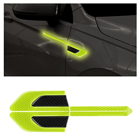 JNNJ 2PCS Kohlefaser Auto Reflektierende Aufkleber, 3D Hohe Intensität Nachtsicht Aufkleber, Reflektierende Auto-Kotflügel-Streifen, Sicherheitswarnung für Auto(Gelbgrün)