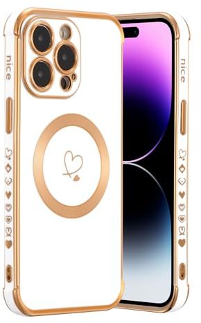 ZTOFERA Magnetic Case for iPhone 15 Pro Max Compatible with MagSafe, Flexible Soft Silicone Protective Phone Case with Cute Love Heart Pattern Golden Rim Shockproof Bumper Cover, White