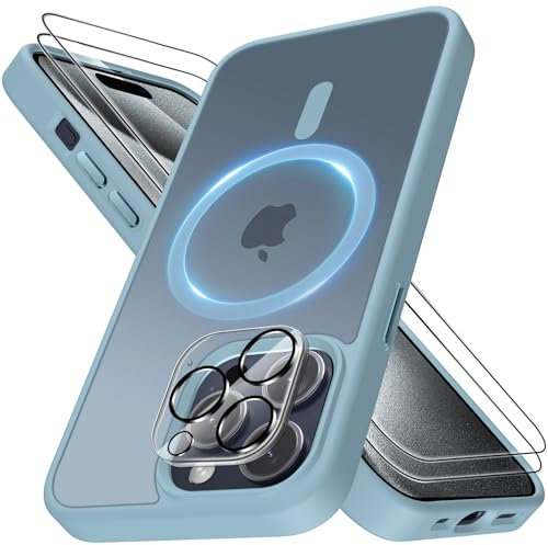 Mootobo for iPhone 15 Pro Max Case Compatible, Strong Magnetic Case with 2 Screen Protector and Lens Protector, Anti-Scratch Matte Back Slim Shockproof Phone Case 6.7 Inch, Blue