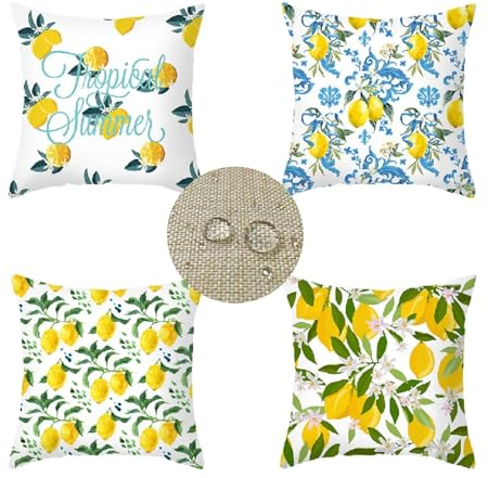 wasserdichte Kissenbezugen 4 Stück 35x35cm Dekorative Kopfkissen Outdoor Kissen Wasserfest Leinen Zitrone Kissenbezugen, für Wohnzimmer Sofakissen Outdoor Garten Gelb Deko Kissenhülle HZ-13433