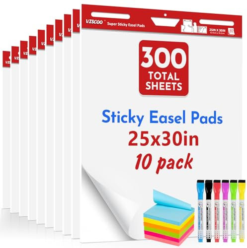 VISCOO Klebriges Staffelei-Block, 63,5 x 76,2 cm, großes Kartenpapier für Lehrer, 10 Blöcke, selbstklebendes Staffeleipapier für Whiteboard, weißes Haftanker-Diagrammpapier, mit Haftnotizen und