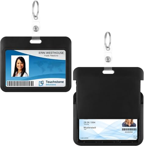 TIESOME Custodia per badge scorrevole con portachiavi, 2 pezzi, in plastica rigida, resistente, per patente di guida, carta di credito, finestra, per scuola e ufficio (orizzontale