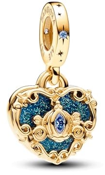 PANDORA Moments Disney Cinderellas Kutsche & Herz Doppelter Charm-Anhänger aus Sterling Silber mit 14 Karat rosévergoldete Metalllegierung, Zirkonia, Kompatibel Moments, 763072C01