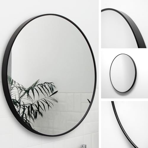 M MERCEO Spiegel rund 70cm, eingefasst im edlen schwarzen Aluminium Rahmen - aufhängefertiger Wandspiegel mit kristallklarer Spiegelung mit High-Definition-Glas - für Bad, Flur, Wohnzimmer