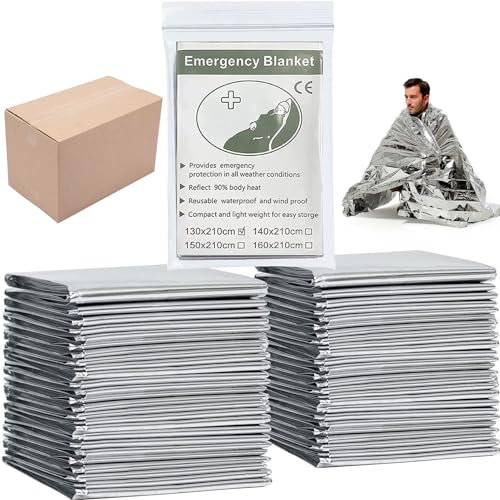 MIXIAO Lot de 50 couvertures de Survie Thermiques en Mylar emballées Individuellement, parfaites pour l'extérieur, la randonnée, la Survie, Les Marathons ou Les Premiers Secours