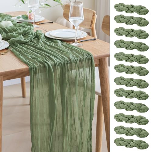 Asee'm 12PCS Tischläufer Käsetuch 300 x 90cm Salbeigrün Boho Transparente Läufer Tisch Hochzeit Gaze Stoff Rustikale Käse Tuch für Braut Dusche Party
