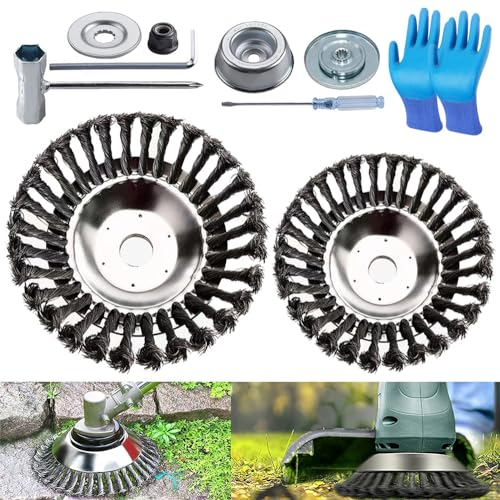 2 Stücke Unkrautbürste für Rasentrimmer,Profi Unkrautbürste für Freischneider mit 25,4mm Bohrung,Wildkrautbürste für Motorsense,Drahtbürste für Freischneider Inkl Installationszubehör