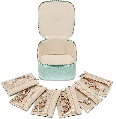 Vlando Small Jewellery Box Organizer,Travel Jewelry Storage with 6 Velvet Jewellery Zipper Pockets,Premium Petal Hardware Jewellery Case