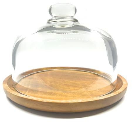 Ikerall Kuchenständer mit Holzsockel und Glaskuppel, Glasglocke, Glasabdeckung für Dessert, Käse, Süßigkeiten, Pflanzen, Sukkulenten, 2 Stück (1 Packung/20,3 cm rund)