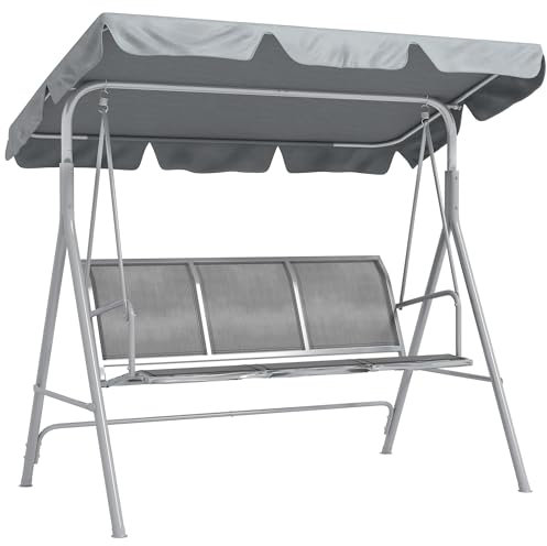 Outsunny Balancín Jardín Exterior Columpio Exterior de 3 Plazas con Toldo Ajustable Respaldo Transpirable y Marco de Metal para Terraza Balcón Carga 240 kg 171x108x154 cm Gris