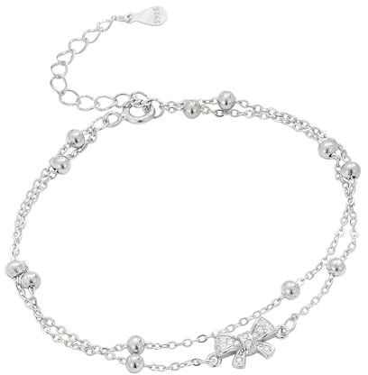 Hmzidz Damen Charm Armband Anhänger mit Schleife/Meteor/Blumen,925 Sterling Silber Armreif mit Diamant,Armkette Layered mit Perlen,Personalisierte Armbänder für Sie Frauen Freundin Mutter (Schleife)