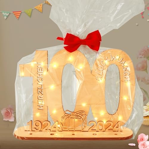 Seutgjie Deko 100 Geburtstag Mann Frau Originelles Geldgeschenke Holzschild Gästebuch mit LED Lichterkette Fliege und Geschenkpapier Gästebuch für Männer Frauen Jubiläum Tischdeko 1924-2024